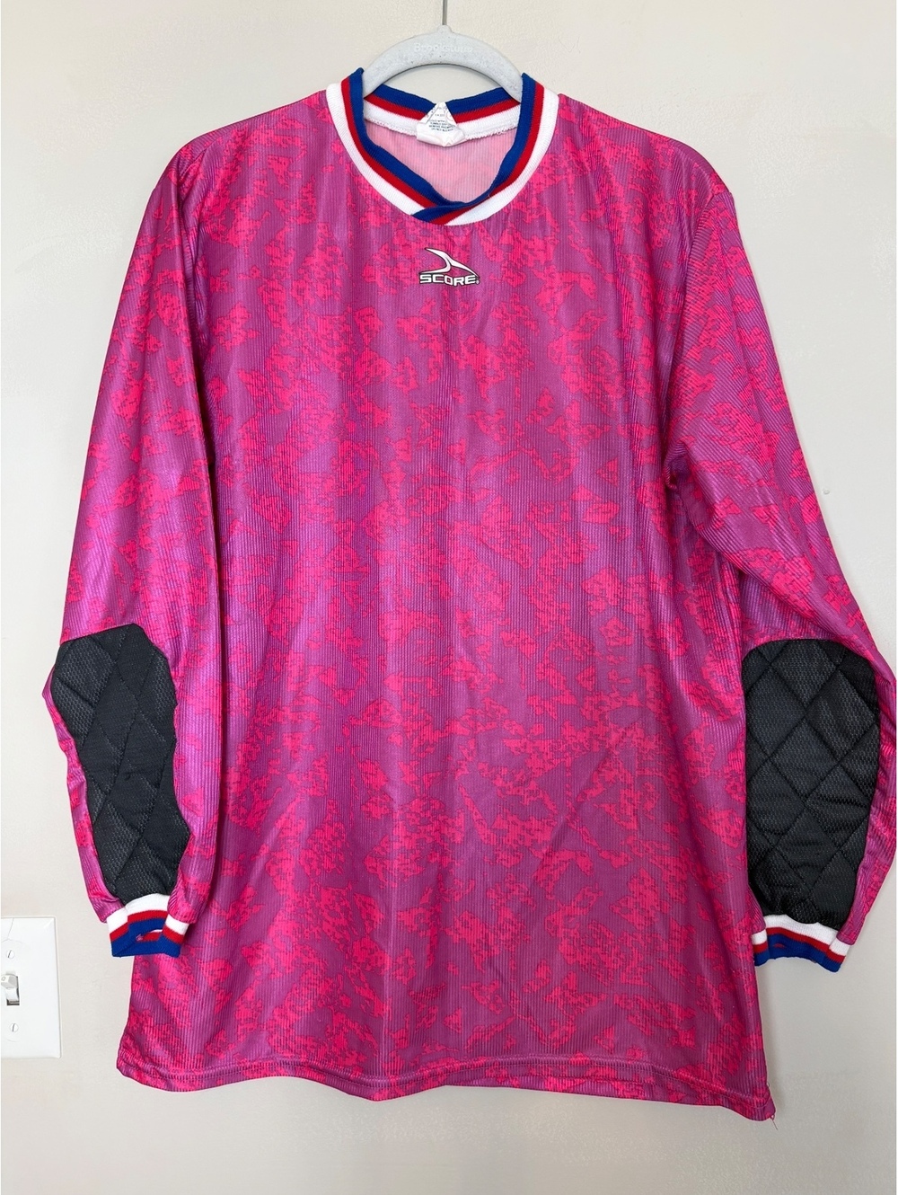Score Soccer Jersey Size Large Dark Pink Red White Blue Long Sleeve. Vintage